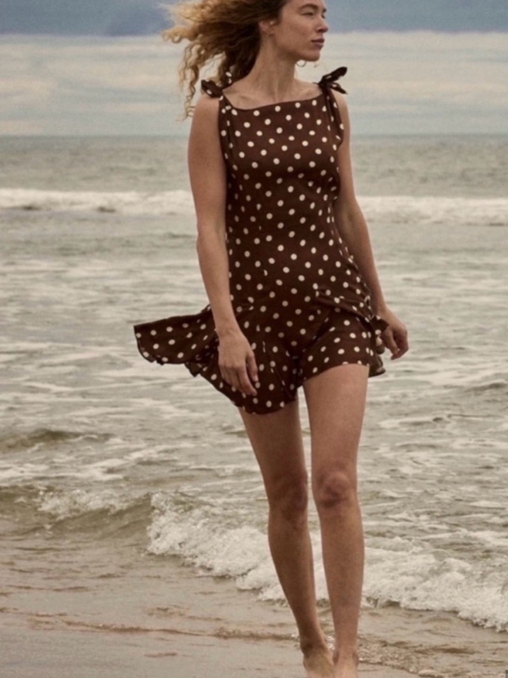 Camila Coelho Brown and White Polka Dot Tie-Shoulder Dress